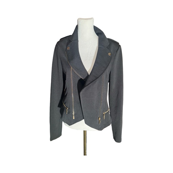 NWT Windsor Framed Cropped Moto Biker Knit Dress Jacket Womens M. Black Stretchy - Picture 2 of 14